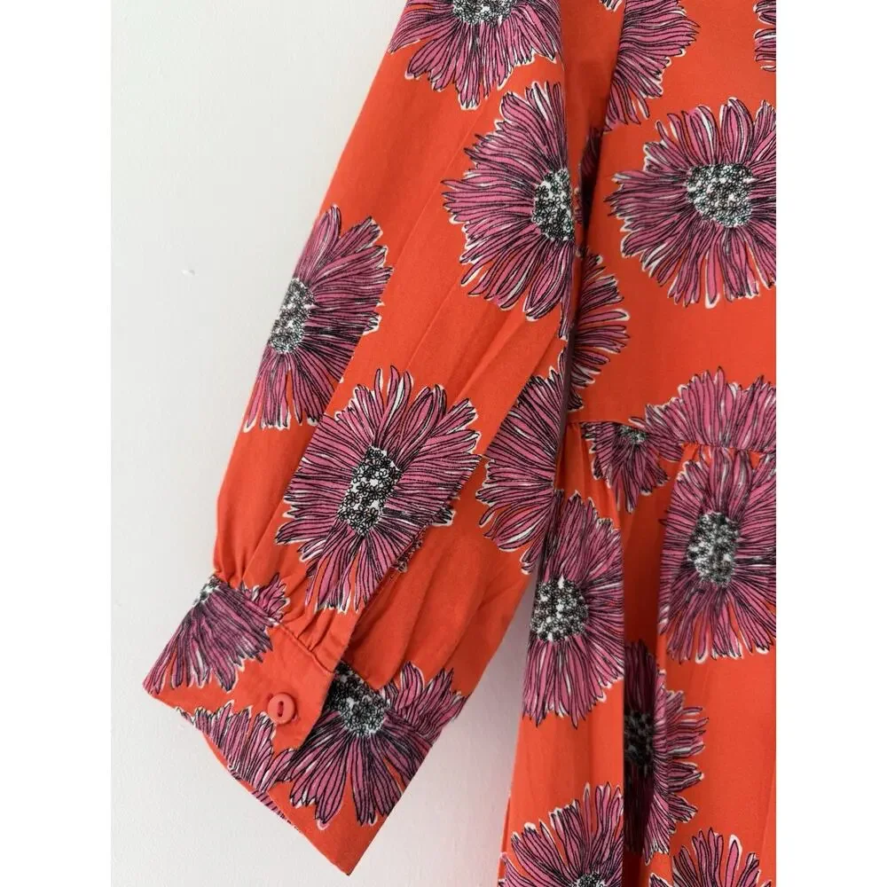 Orange Floral Midi Dress Cottagecore Prairie Empire Waist 3/4 Sleeve Boho S
